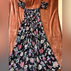 Amisu Black Floral Smocked Off Shoulder Maxi Dress Size 10